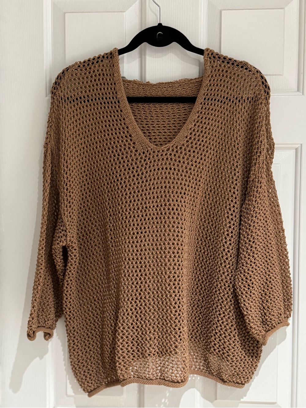Loose Knit V-Neck Hoodie Sweater in Brown
